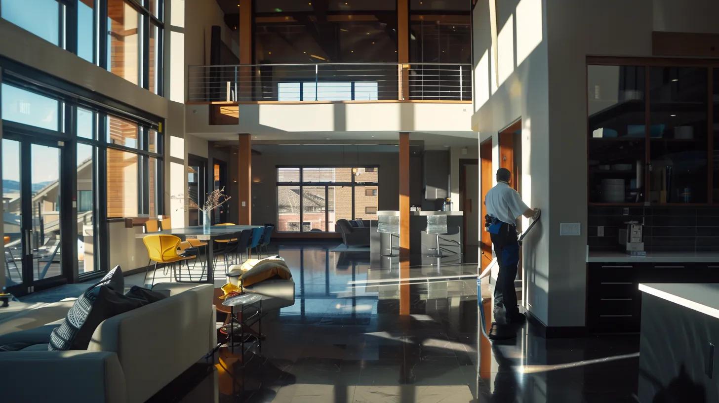 a team of professional cleaners in distinctive uniforms showcasing colonial cleaning's colors meticulously polishing surfaces in a modern residential denver home, emphasizing the specialized nature of post-construction cleaning.