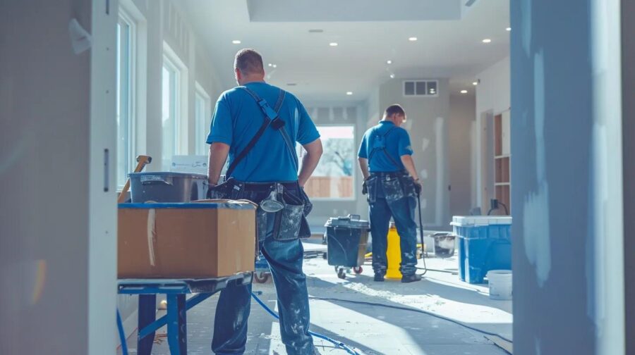 a dynamic scene showcasing cleaning professionals in sharp uniforms featuring colonial cleaning's signature colors, energetically tackling post-construction clean-up tasks within a modern denver home, with tools and equipment spread around in a bright, airy room.