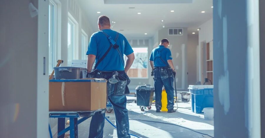 a dynamic scene showcasing cleaning professionals in sharp uniforms featuring colonial cleaning's signature colors, energetically tackling post-construction clean-up tasks within a modern denver home, with tools and equipment spread around in a bright, airy room.