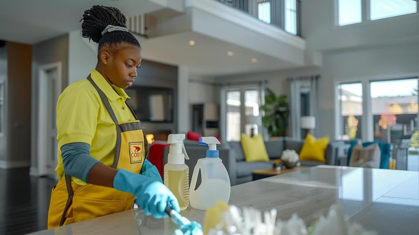 in a modern denver home, professional cleaners in bright, uniform attire featuring colonial cleaning's signature colors meticulously scrub and polish surfaces, highlighting their commitment to post-construction deep cleaning that ensures a fresh and professional living space.
