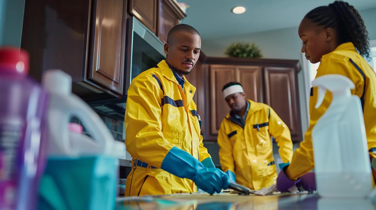 a team of professional cleaners in colonial cleaning uniforms, showcasing vibrant colors, meticulously execute a post-construction deep cleaning inside a stylish, modern denver home, surrounded by tools and checklists emphasizing their systematic approach.