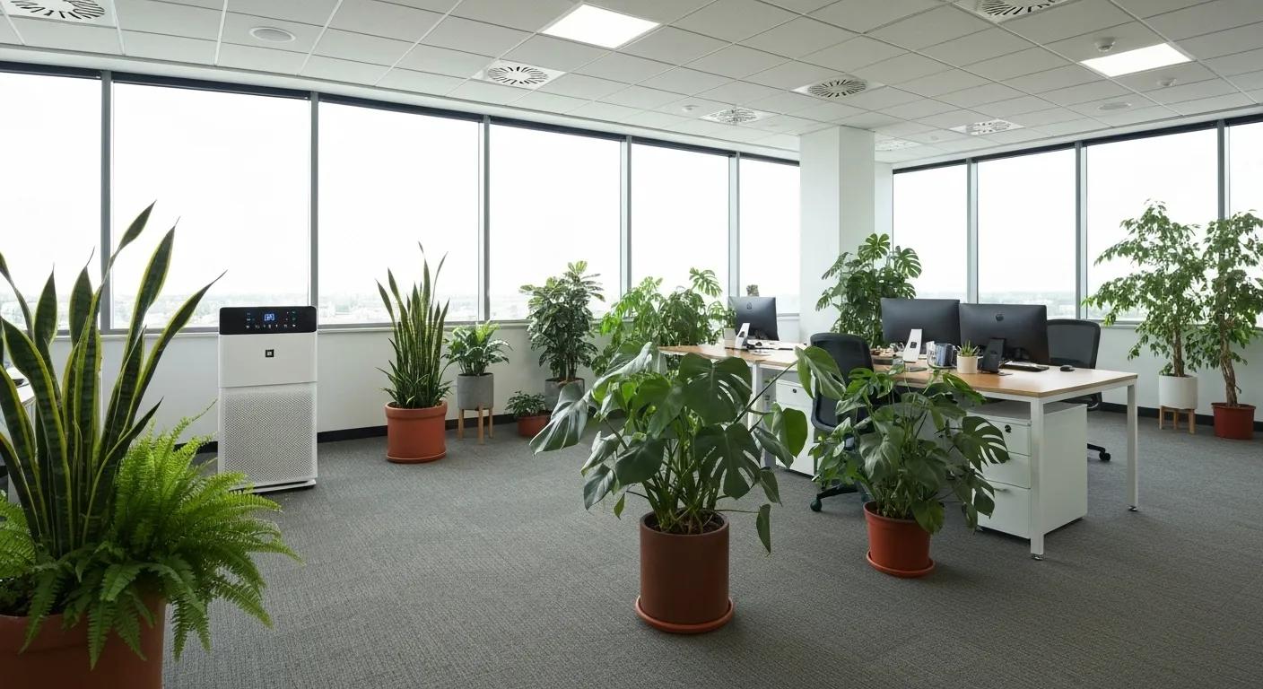 Office with air purifier and plants promoting healthy indoor air quality