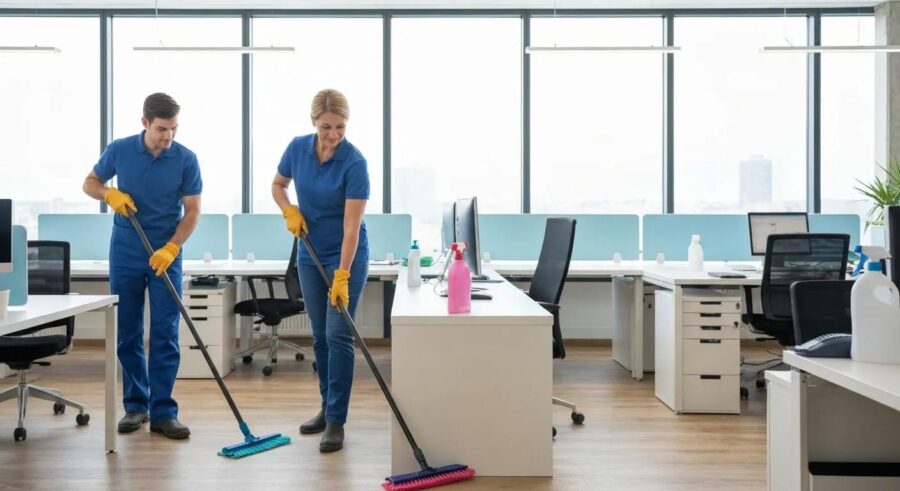 Professional cleaning team enhancing office hygiene and productivity