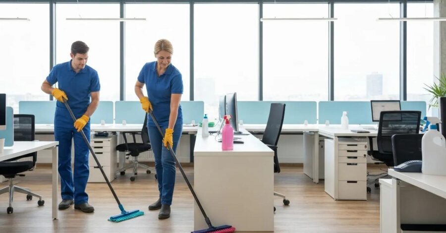 Professional cleaning team enhancing office hygiene and productivity