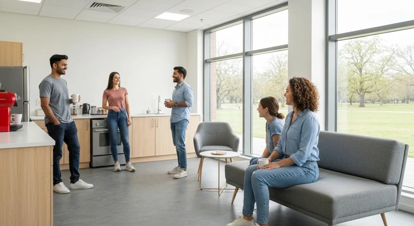 Employees enjoying a clean breakroom, enhancing morale and job satisfaction